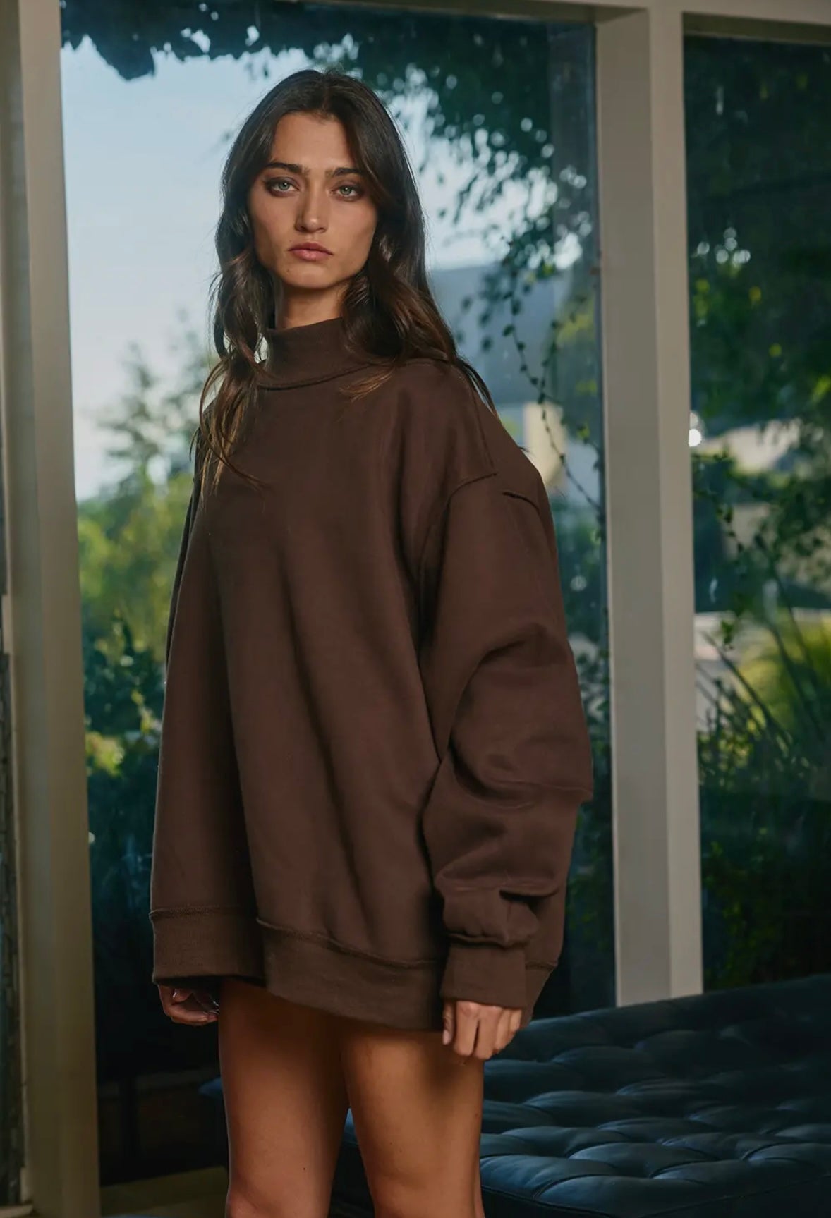 brown mock neck sweatshirt