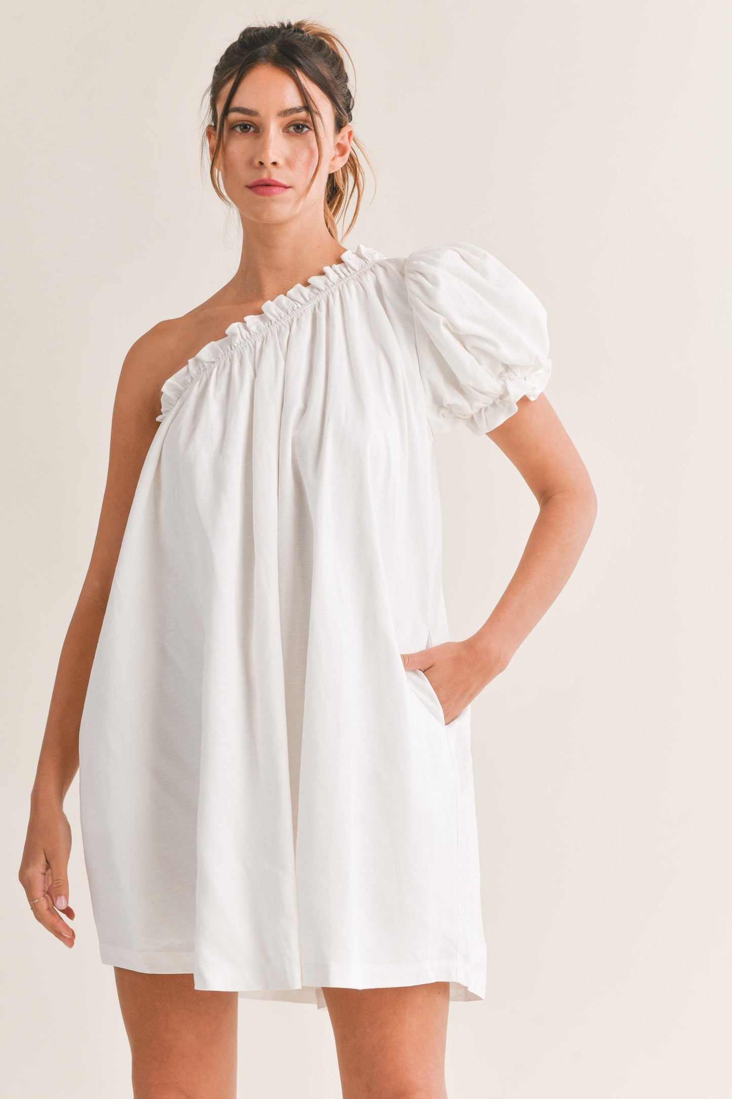 one shoulder white dress