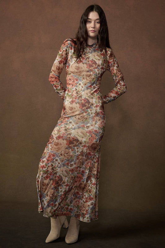Floral Mesh Long-Sleeve Maxi Dress