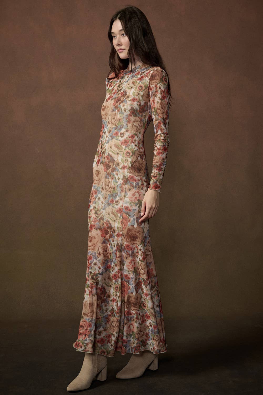 Floral Mesh Long-Sleeve Maxi Dress