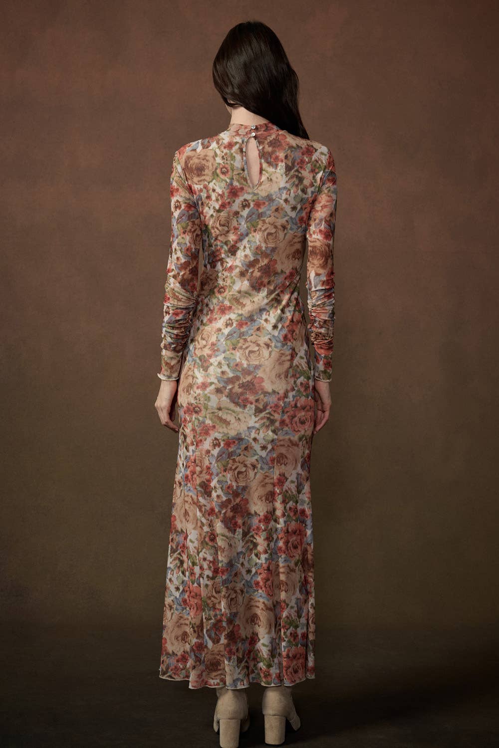 Floral Mesh Long-Sleeve Maxi Dress