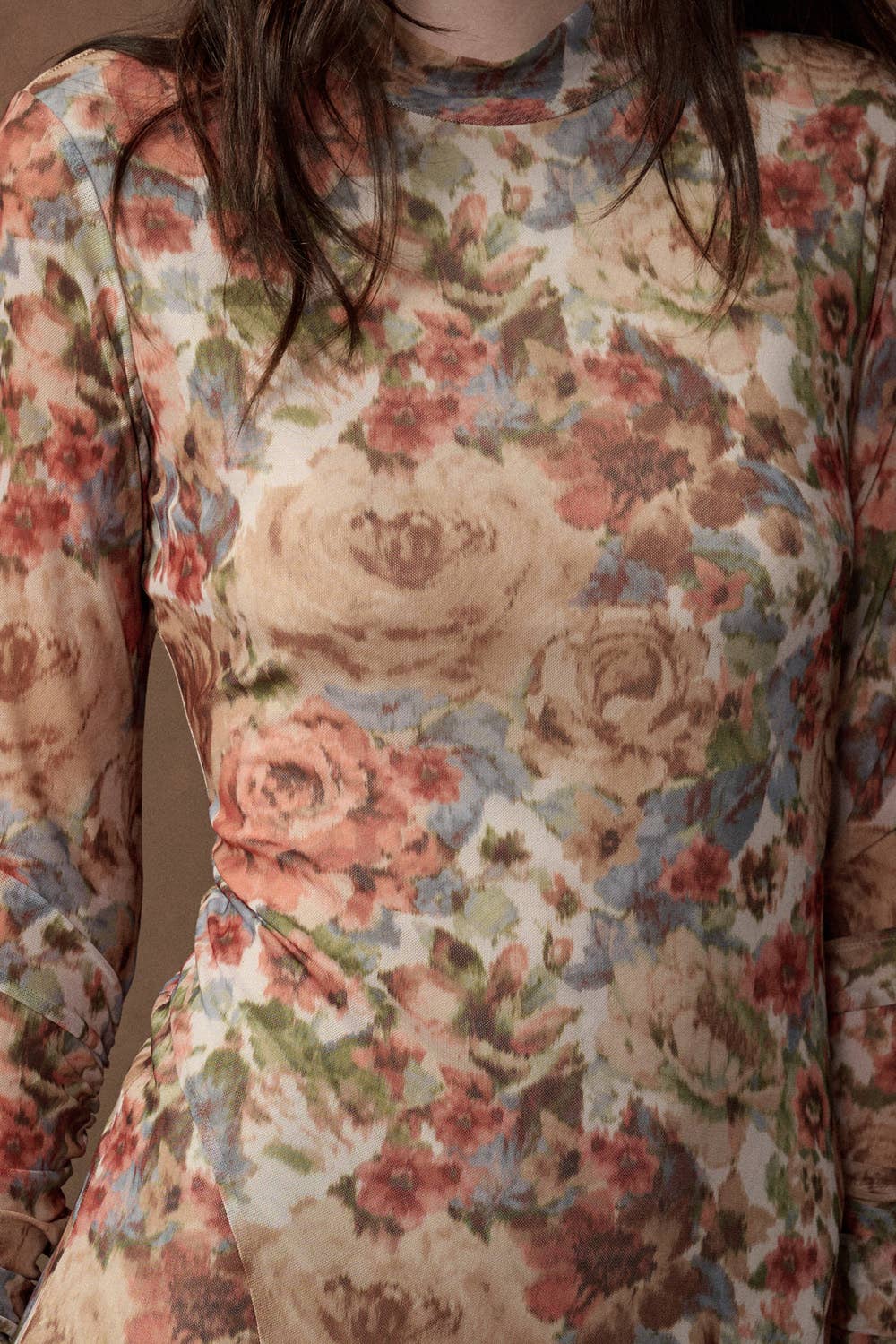 Floral Mesh Long-Sleeve Maxi Dress