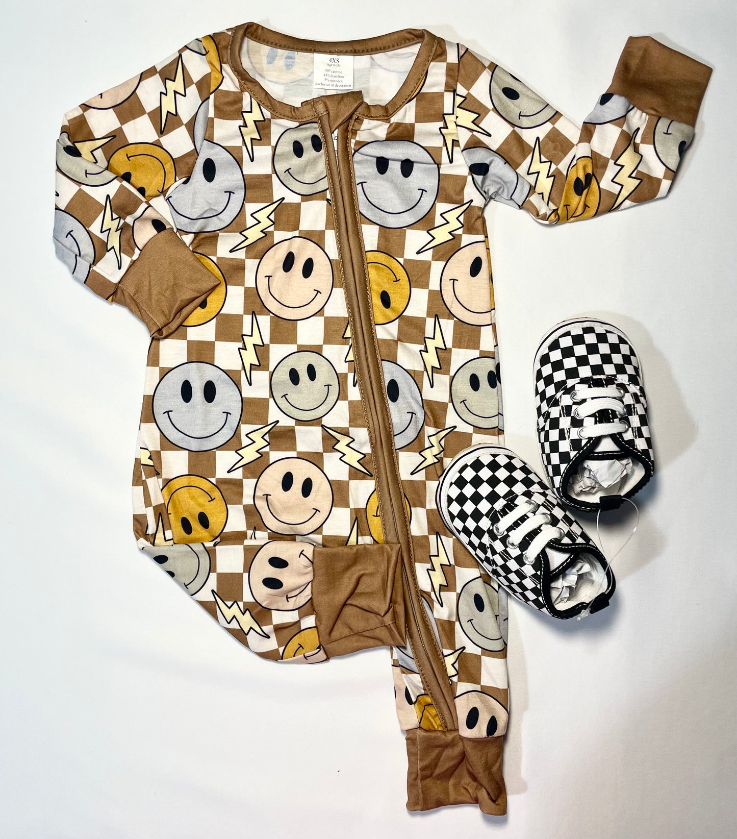 Neutral Smiley Check Zip Romper