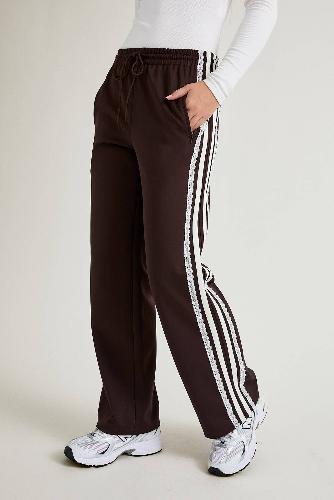 brown lace track pants
