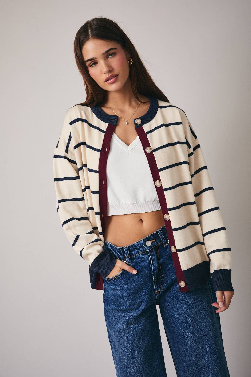 navy striped cardigan