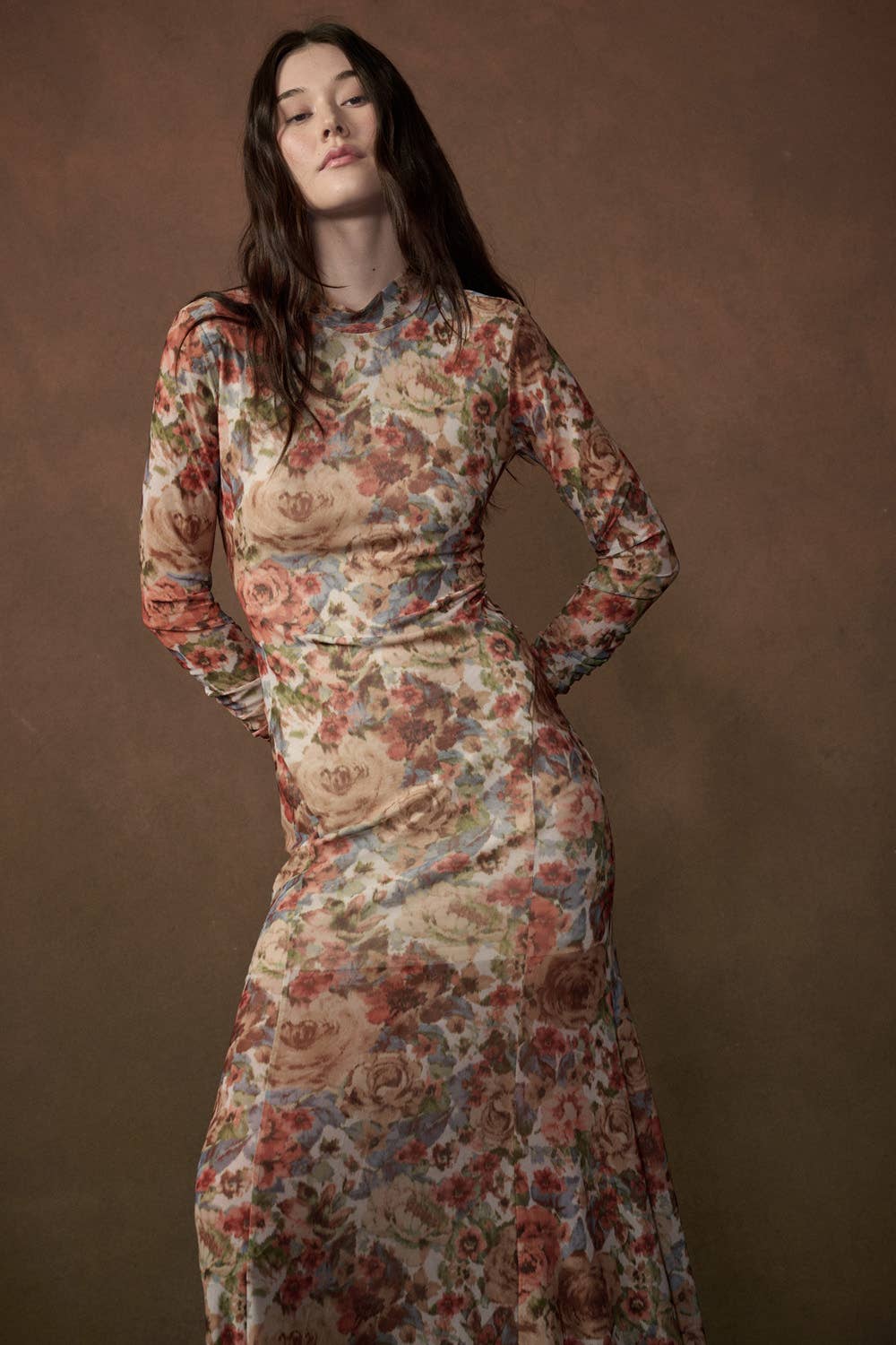 Floral Mesh Long-Sleeve Maxi Dress