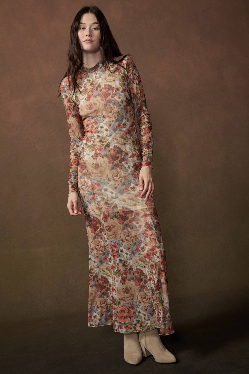 Floral Mesh Long-Sleeve Maxi Dress
